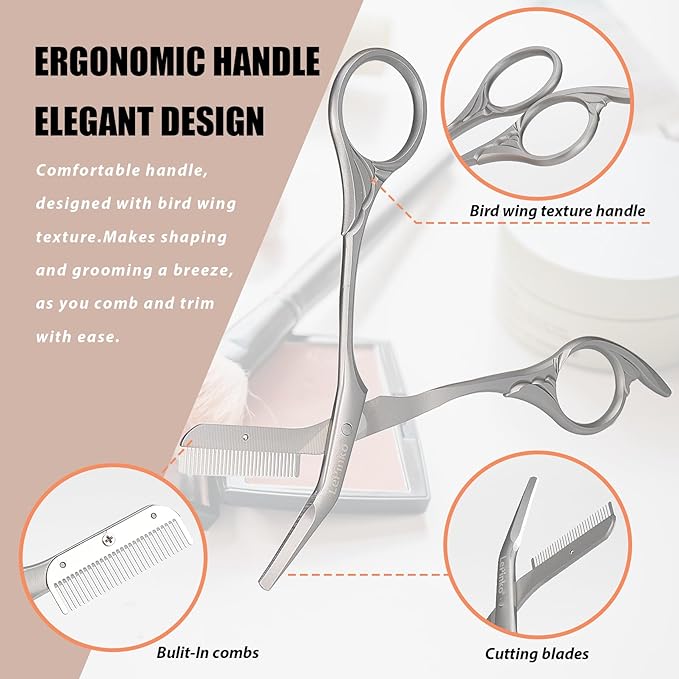 LePinko Eyebrow Trimming Scissors with Combs, Gifts For Men Women Stocking Stuffers, Silver